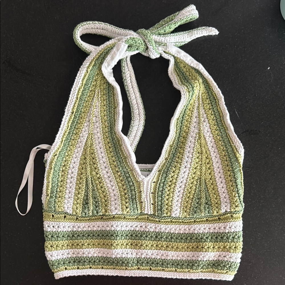 Hollister Green and White Knit Halter Top
